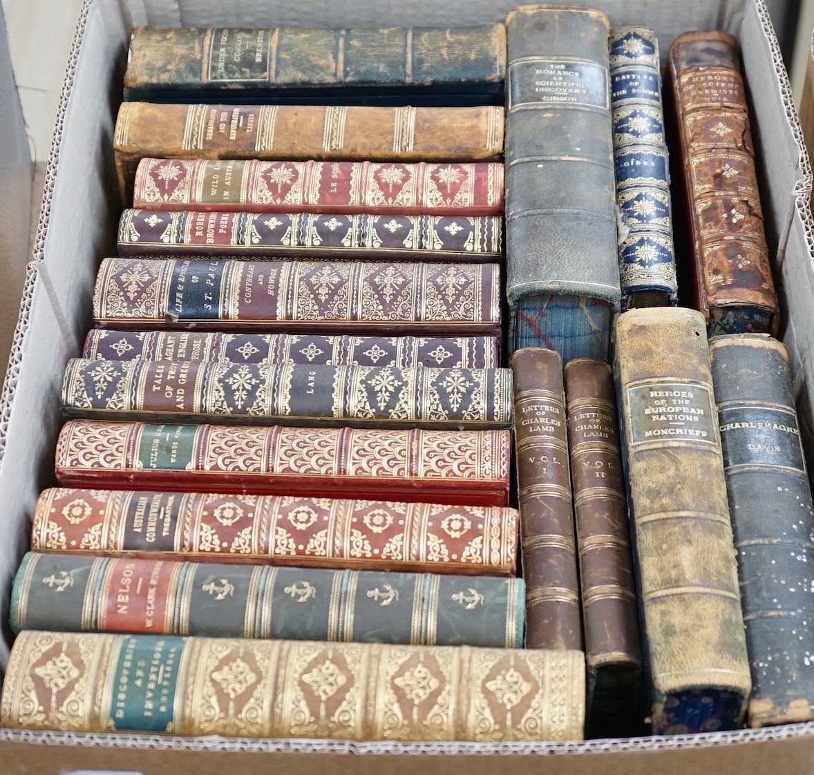 Prize Bindings, 8 vols, gilt calf bindings (for Geology GS. / Victoria School, Geelong), with gilt / marbled edges and prize labels; including Le Souef's Wild Life in Australia (Christchurch etc.NZ., nd)